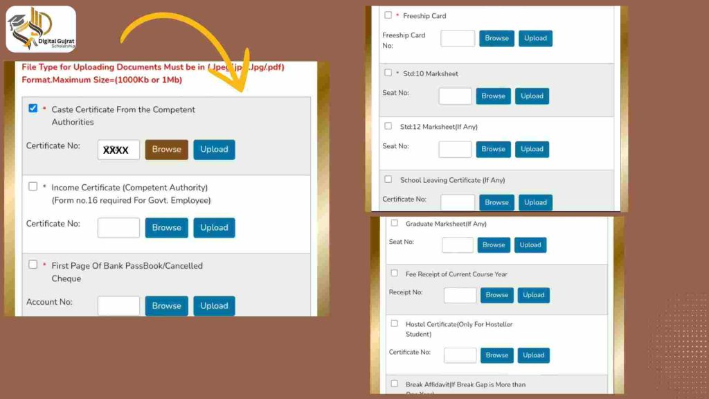 Document uploading Digital Gujarat Scholarship Login form submission