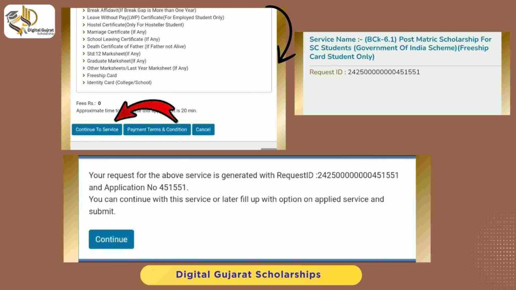 continue service to fill out the Form for freeship digital Gujarat scholarship