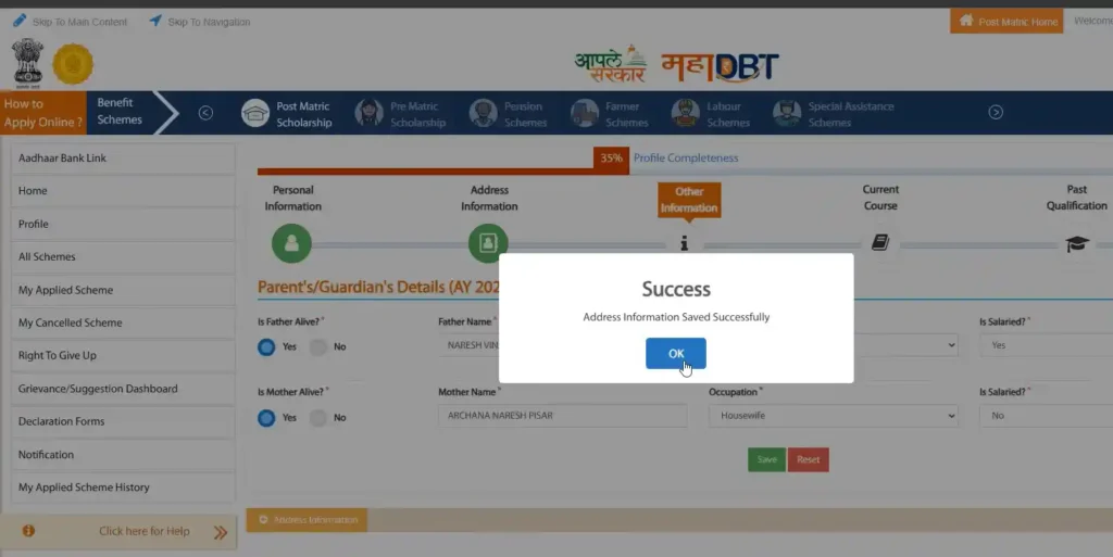 MahaDBT Scholarship Login 2025 | Profile |Application Status 6 mahaDBT Address information complete