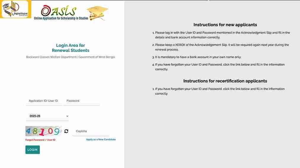 How to Apply Oasis Scholarship Online | Register | Guide 8 oasis-portal-login-with-registered-credentials